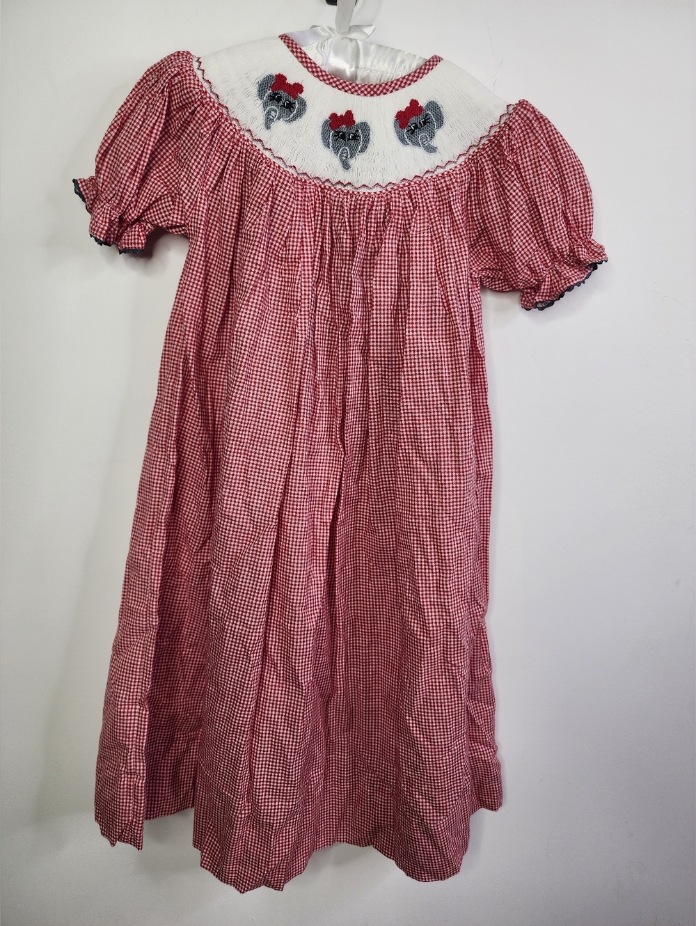 HANDMADE Red Gingham Elephant Smocked Bishop Dress, 5T